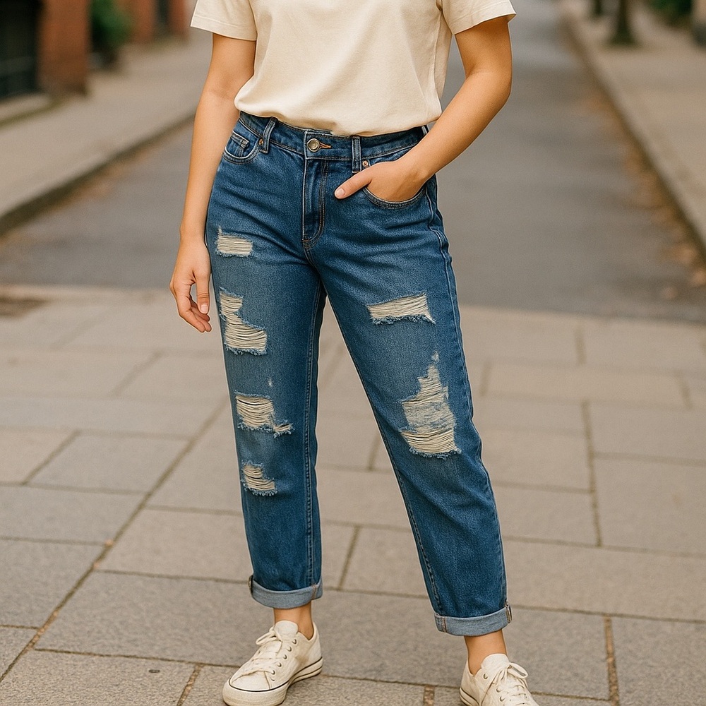 SO Womens Mid Rise Boyfriend Distressed Jeans Medium Wash Blue Size 11/30W New